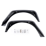 A set of two rear black aluminum fender flares designed for Jeep Wranglers. The flares feature a textured powder-coated finish for durability and pre-drilled holes for easy installation. The set includes a hardware kit with bolts, washers, and screws, neatly packaged in plastic bags. These rear fender flares are built for off-road durability and a sleek appearance.