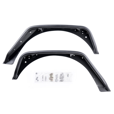 A set of two rear black aluminum fender flares designed for Jeep Wranglers. The flares feature a textured powder-coated finish for durability and pre-drilled holes for easy installation. The set includes a hardware kit with bolts, washers, and screws, neatly packaged in plastic bags. These rear fender flares are built for off-road durability and a sleek appearance.