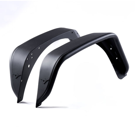 A pair of black aluminum ffender flares designed for Jeep Wranglers, featuring a durable, powder-coated finish for added durability and corrosion resistance. The fender flares include a removable Combat Off Road logo near the edge. They come with pre-drilled mounting holes for easy installation and are engineered to withstand tough off-road conditions.