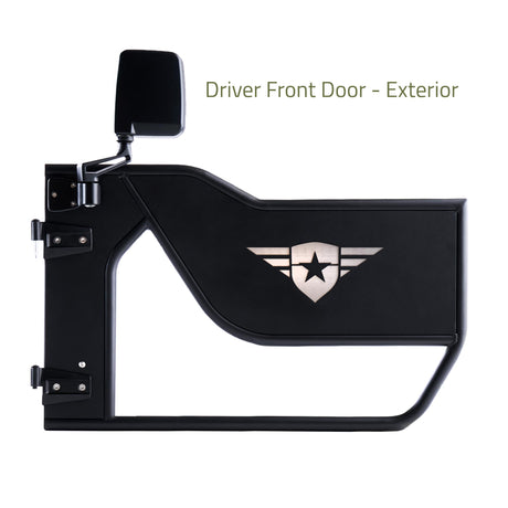Driver-side front Mission Tube Door for Jeep JK, featuring a steel construction with a durable powder-coated finish. The door includes a mirror and showcases a laser-cut Combat Off Road logo with a removable, paintable backing panel for customization. Designed with an open tube style for enhanced airflow and visibility, perfect for off-road adventures.






