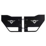 Pair of rear Mission Tube Doors for Jeep JK, constructed from steel with a powder-coated finish for durability. Each door features a laser-cut Combat Off Road logo with a removable, paintable backing panel for personalization. The open tube design enhances visibility and airflow, making them ideal for off-road experiences.