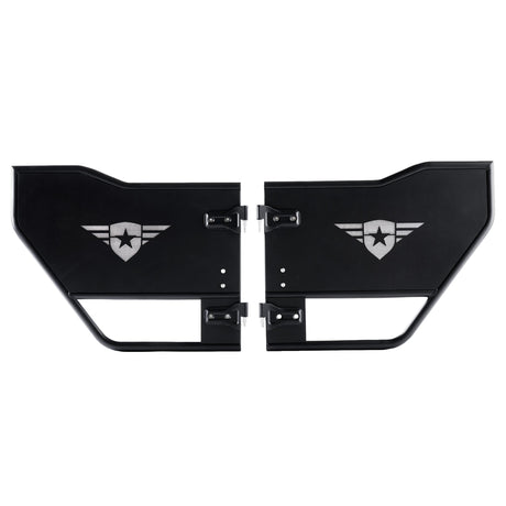 Pair of rear Mission Tube Doors for Jeep JK, constructed from steel with a powder-coated finish for durability. Each door features a laser-cut Combat Off Road logo with a removable, paintable backing panel for personalization. The open tube design enhances visibility and airflow, making them ideal for off-road experiences.