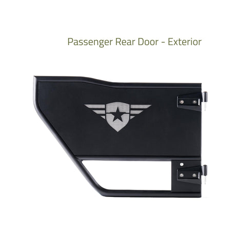 Exterior view of the passenger-side rear Mission Tube Door for Jeep JK. The steel construction features a Combat Off Road logo with a removable, paintable backing panel for customization. The door is powder-coated for durability and designed to enhance visibility and airflow during off-road adventures. Includes robust hinges for secure attachment.






