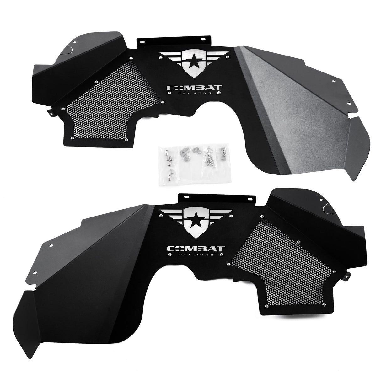 A complete set of black front inner fender liners for Jeep Wranglers, featuring a durable powder-coated finish and precision-cut mesh panels for ventilation. Both liners include the Combat Off Road logo with removable, paintable backing plates for customization. The set comes with all necessary installation hardware, such as bolts, washers, and screws, neatly packaged for convenience. Designed for off-road durability and style.