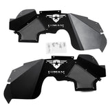 A complete set of black front inner fender liners for Jeep Wranglers, featuring a durable powder-coated finish and precision-cut mesh panels for ventilation. Both liners include the Combat Off Road logo with removable, paintable backing plates for customization. The set comes with all necessary installation hardware, such as bolts, washers, and screws, neatly packaged for convenience. Designed for off-road durability and style.
