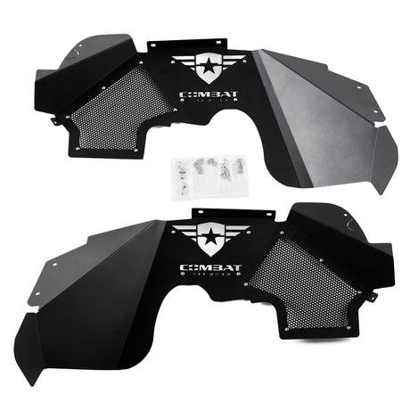 A complete set of black front inner fender liners for Jeep Wranglers, featuring a durable powder-coated finish and precision-cut mesh panels for ventilation. Both liners include the Combat Off Road logo with removable, paintable backing plates for customization. The set comes with all necessary installation hardware, such as bolts, washers, and screws, neatly packaged for convenience. Designed for off-road durability and style.