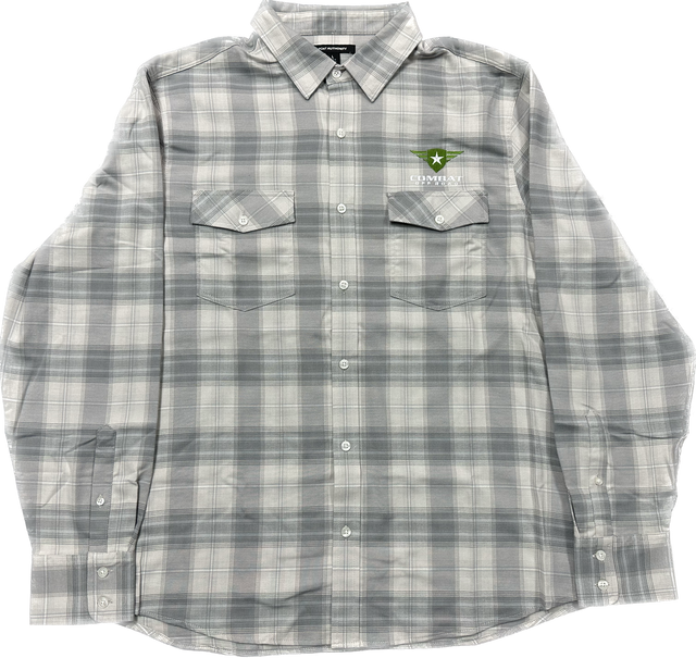 A light gray plaid button-up shirt featuring the Combat Off Road logo embroidered on the upper left chest. The logo includes a green shield with a white star and winged accents, accompanied by the text "Combat Off Road" in white. The shirt has two chest pockets with button closures, long sleeves, and a collar, offering a clean and versatile style.