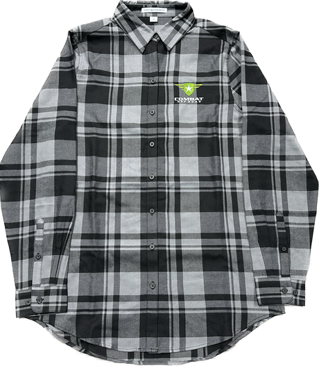 A black and gray plaid shirt featuring the Combat Off Road logo embroidered on the upper left chest. The logo includes a green shield with a white star and winged accents, accompanied by the text "Combat Off Road" in white. The shirt has a button-up design with two front chest pockets and long sleeves, offering a rugged yet comfortable style.