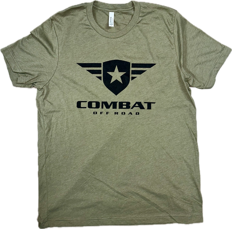 A olive t-shirt featuring the Combat Off Road logo printed in black on the chest. The logo includes a shield with a star and winged accents, accompanied by the text "Combat Off Road" in bold black letters underneath. The shirt has a crewneck design and short sleeves, offering a classic and comfortable fit.