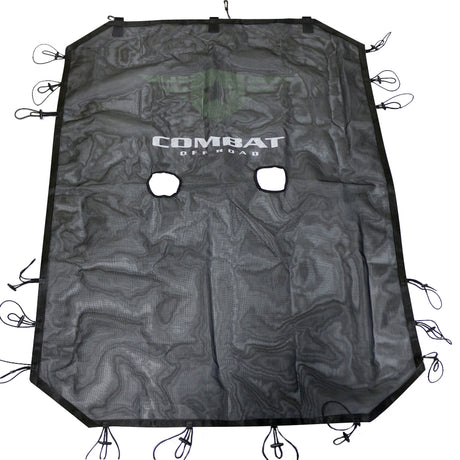 Black mesh sunshade for a 4-door Jeep JK, designed to reduce sunlight exposure while maintaining airflow. Features the Combat Off Road logo prominently displayed in white with a subtle green backing at the center. The sunshade has two cutouts for the front seat area and is equipped with durable bungee cords along the edges for secure attachment to the Jeep's roll bars. The shade's material is lightweight and sturdy, suitable for off-road adventures.