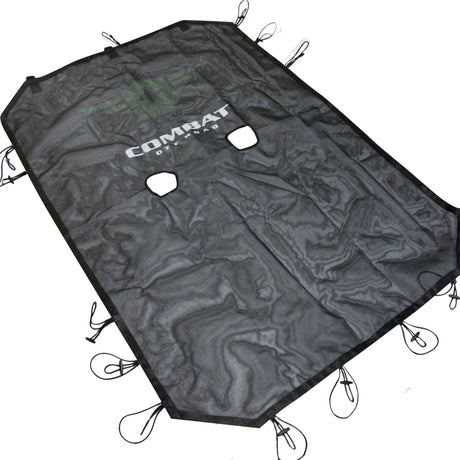Black mesh sunshade for a 4-door Jeep JK, designed to reduce sunlight exposure while maintaining airflow. Features the Combat Off Road logo prominently displayed in white with a subtle green backing at the center. The sunshade has two cutouts for the front seat area and is equipped with durable bungee cords along the edges for secure attachment to the Jeep's roll bars. The shade's material is lightweight and sturdy, suitable for off-road adventures.