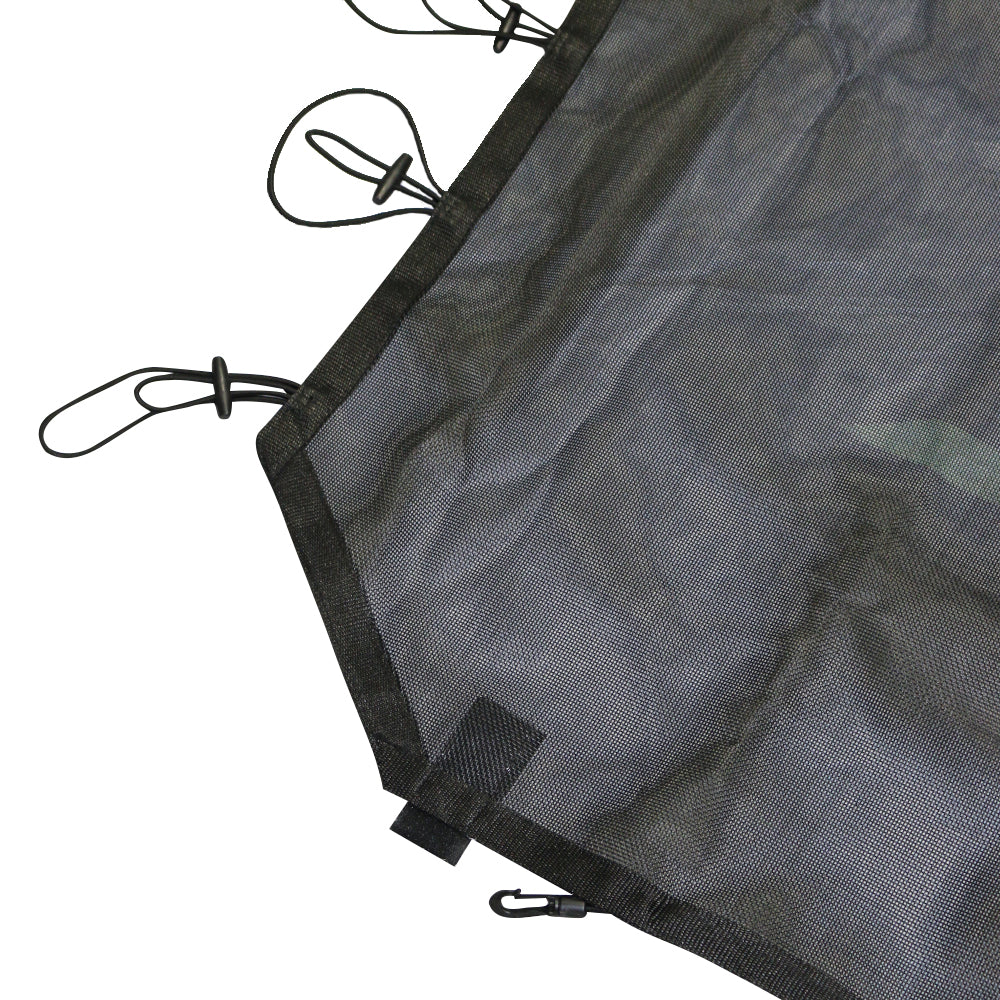 Close-up of the edge of a black mesh sunshade for a 4-door Jeep JK. The durable fabric is bordered with reinforced stitching for added strength. Bungee cords with hooks are attached along the edge, providing a secure and adjustable method for fastening the sunshade to the vehicle's roll bars. The design ensures a snug fit and stability during off-road use.