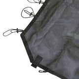 Close-up of the edge of a black mesh sunshade for a 4-door Jeep JK. The durable fabric is bordered with reinforced stitching for added strength. Bungee cords with hooks are attached along the edge, providing a secure and adjustable method for fastening the sunshade to the vehicle's roll bars. The design ensures a snug fit and stability during off-road use.